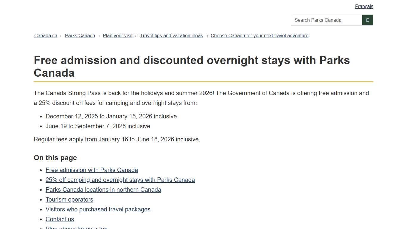 Free admission and discounted overnight stays with Parks Canada